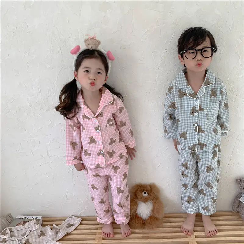 Korean Style Baby Bear Plaid Cotton Pajamas Set — feature 8