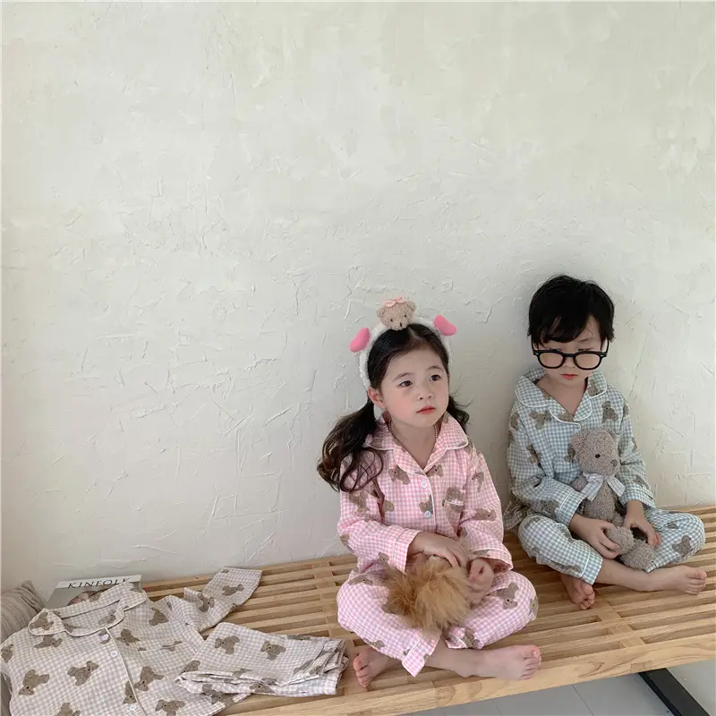 Korean Style Baby Bear Plaid Cotton Pajamas Set — feature 9