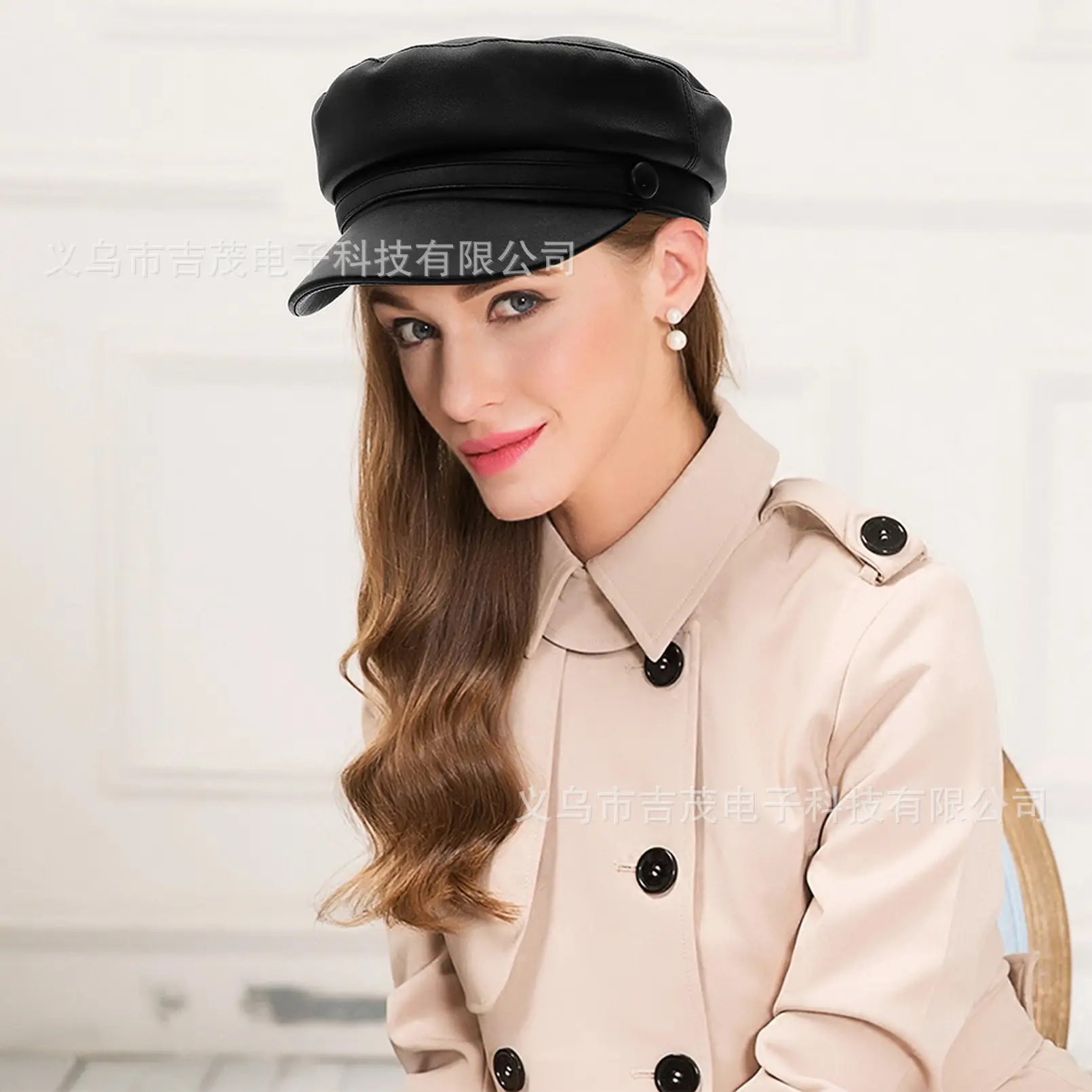 Navy PU Leather Newsboy Cap for Men Women - Image 6