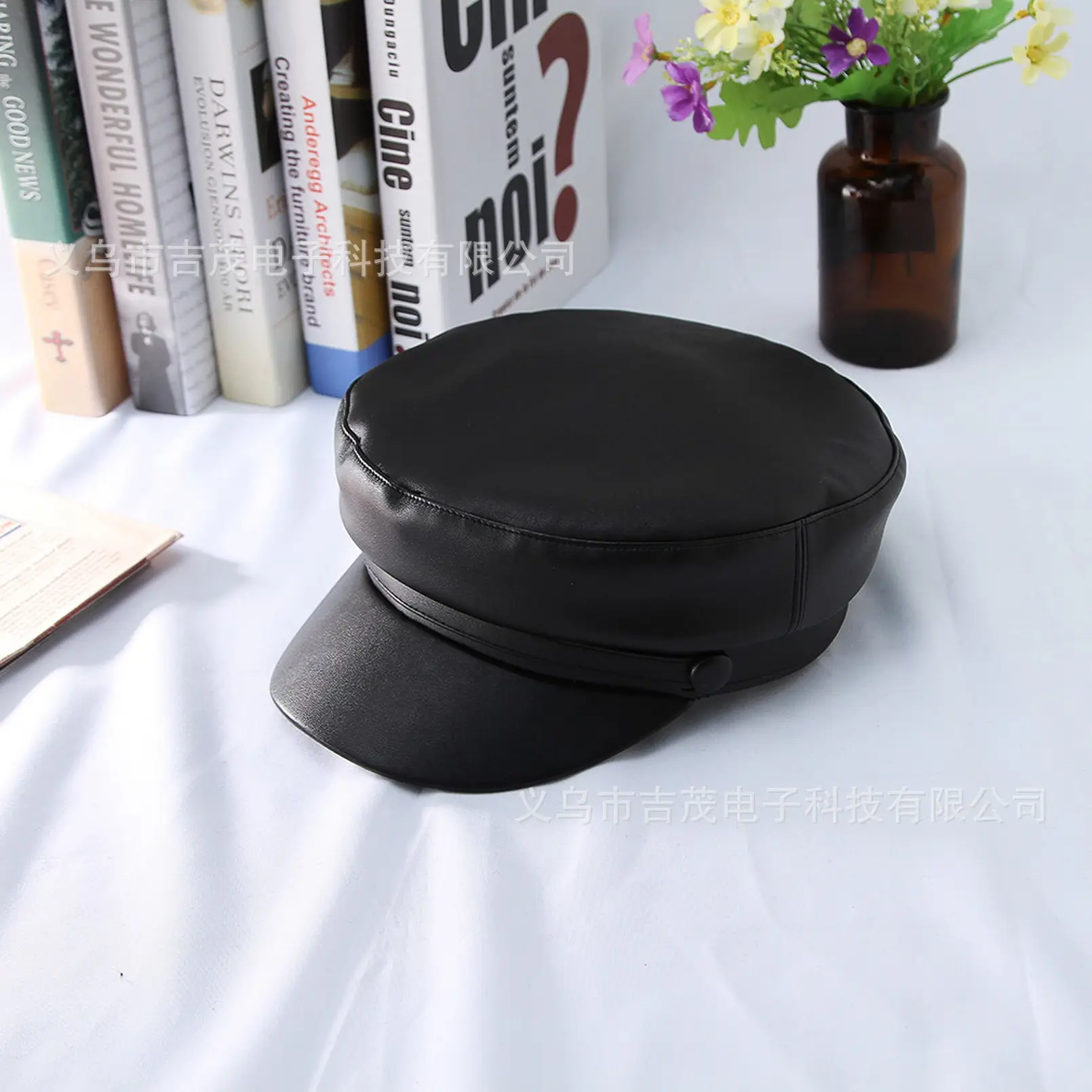 Navy PU Leather Newsboy Cap for Men Women - Image 2