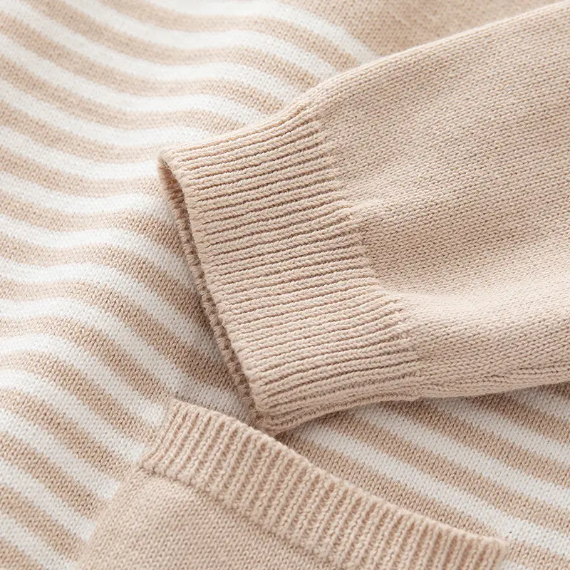 Baby Striped Knitted Jumpsuit with Bear Hoodie Set - Image 4