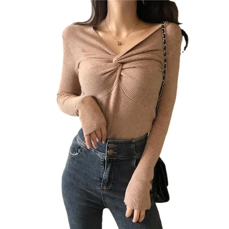 2025 Women's Black Knit V-Neck Long Sleeve Top