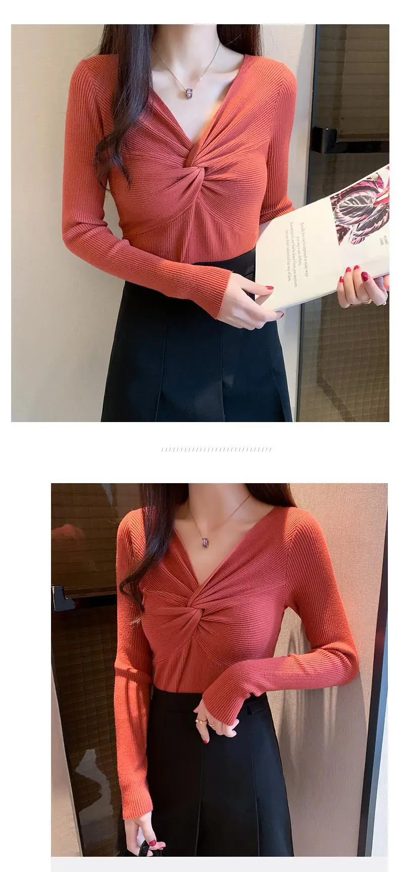 2025 Women's Black Knit V-Neck Long Sleeve Top — feature 11
