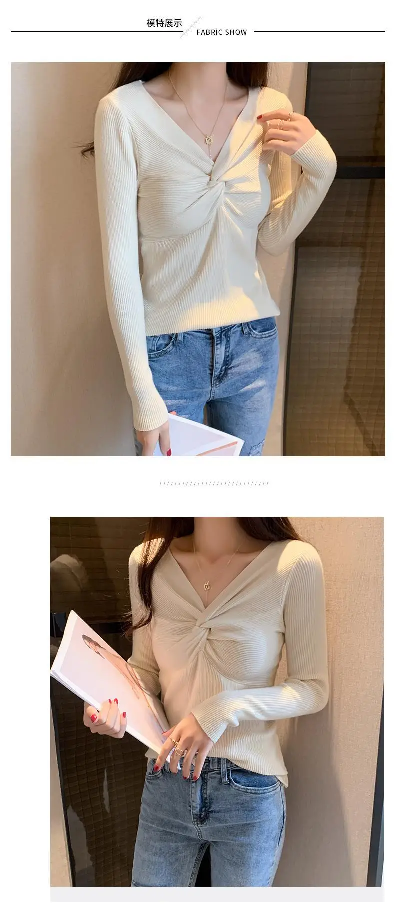 2025 Women's Black Knit V-Neck Long Sleeve Top — feature 12
