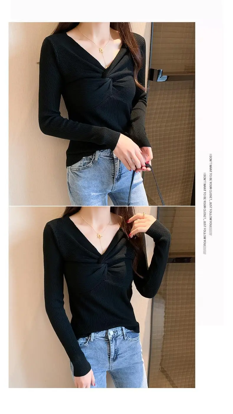 2025 Women's Black Knit V-Neck Long Sleeve Top — feature 13