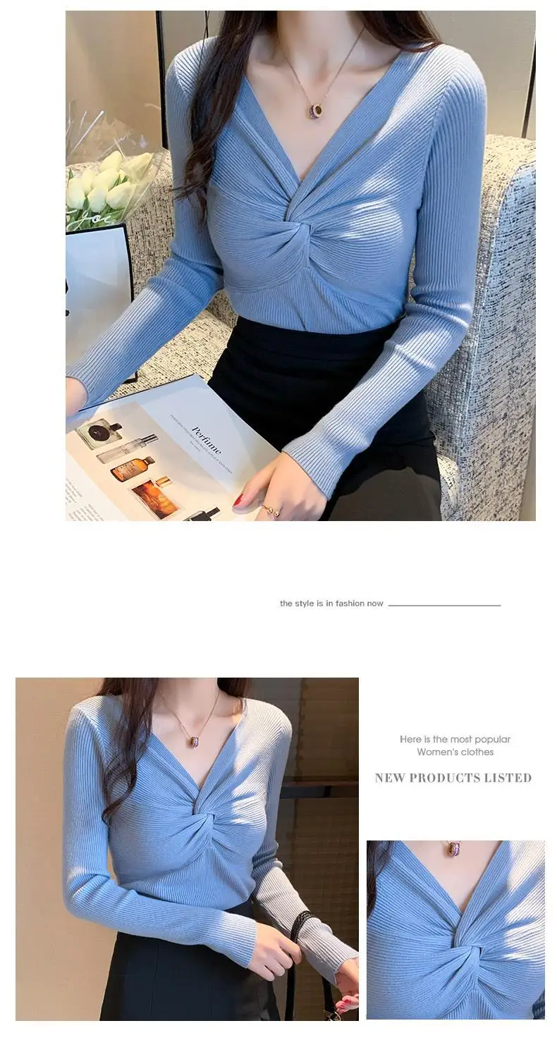 2025 Women's Black Knit V-Neck Long Sleeve Top — feature 19