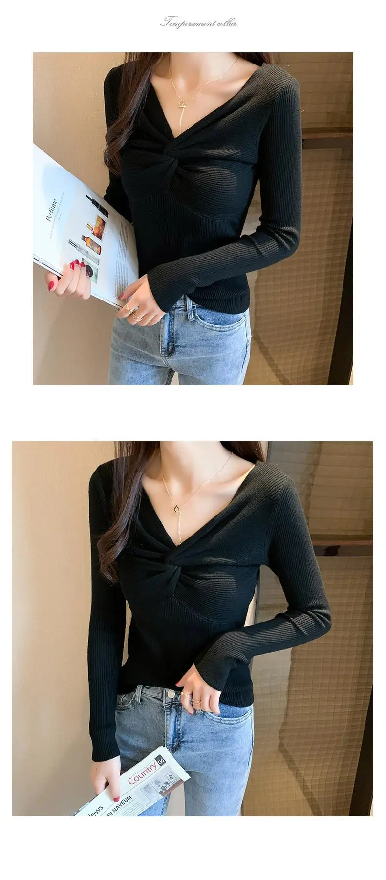 2025 Women's Black Knit V-Neck Long Sleeve Top — feature 23