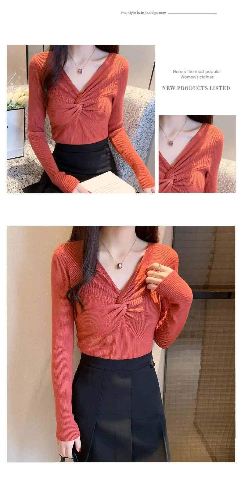 2025 Women's Black Knit V-Neck Long Sleeve Top — feature 5
