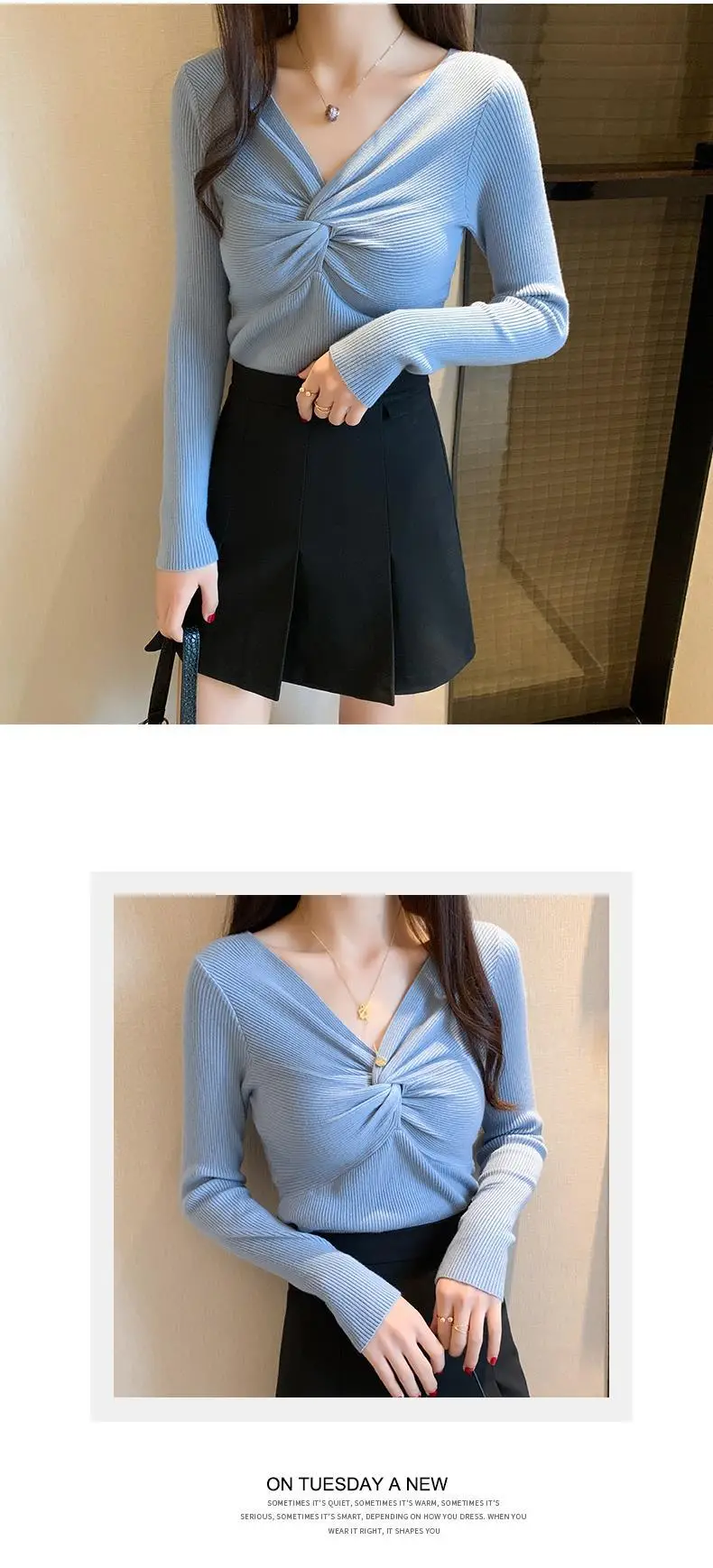 2025 Women's Black Knit V-Neck Long Sleeve Top — feature 8