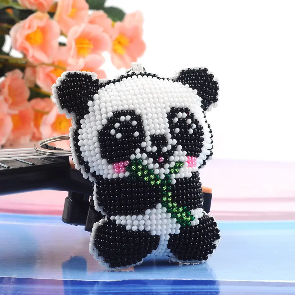 Beaded Panda Cross Stitch Keychain with Bamboo Design - Image 3