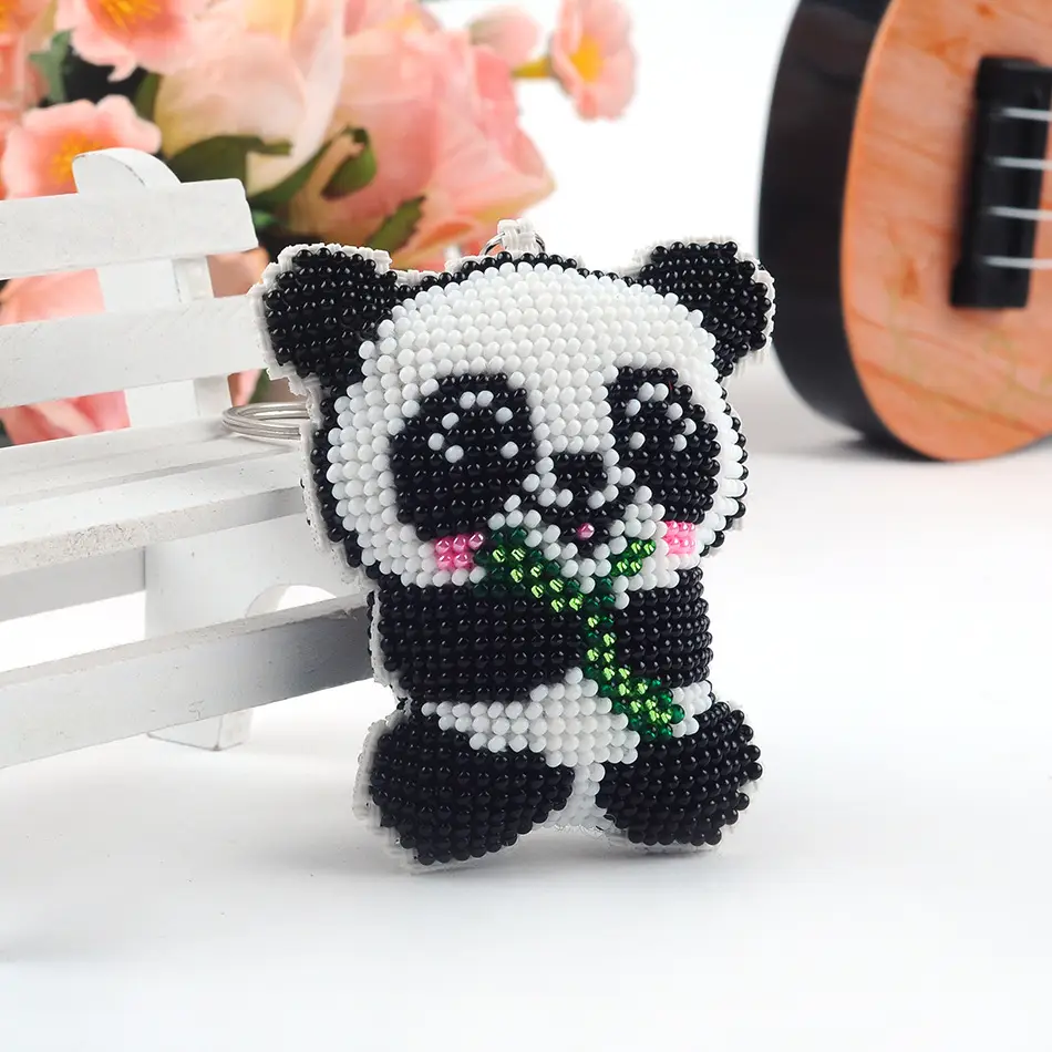 Beaded Panda Cross Stitch Keychain with Bamboo Design — feature 4