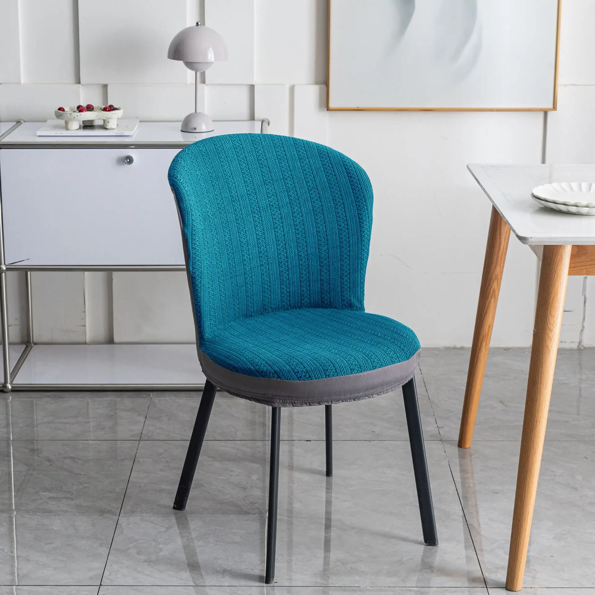 Modern Blue Jacquard Round Chair Cover for Home Dining - Image 7