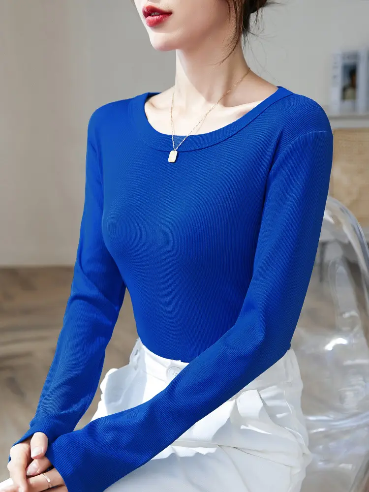 2025 Korean Style Long Sleeve T-Shirt Blue Solid Fit