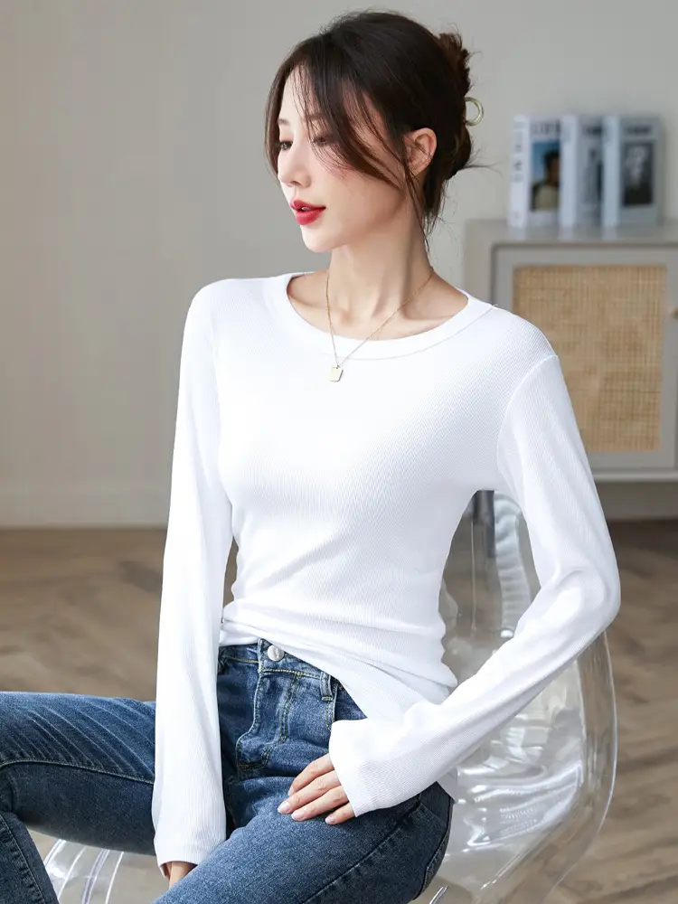 2025 Korean Style Long Sleeve T-Shirt Blue Solid Fit