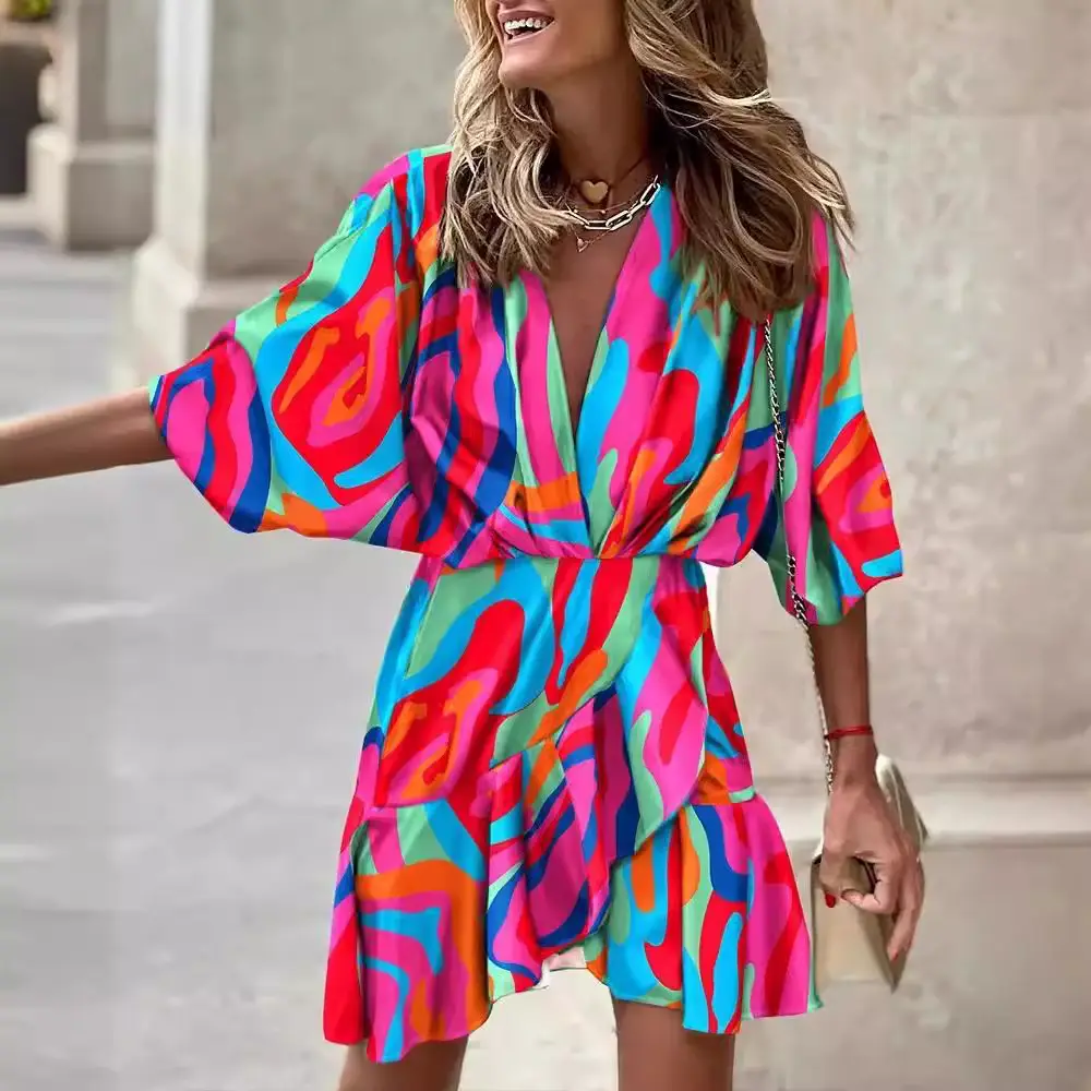 2025 Women's V-Neck Bat Sleeve Dress with Colorful Print - Image 7