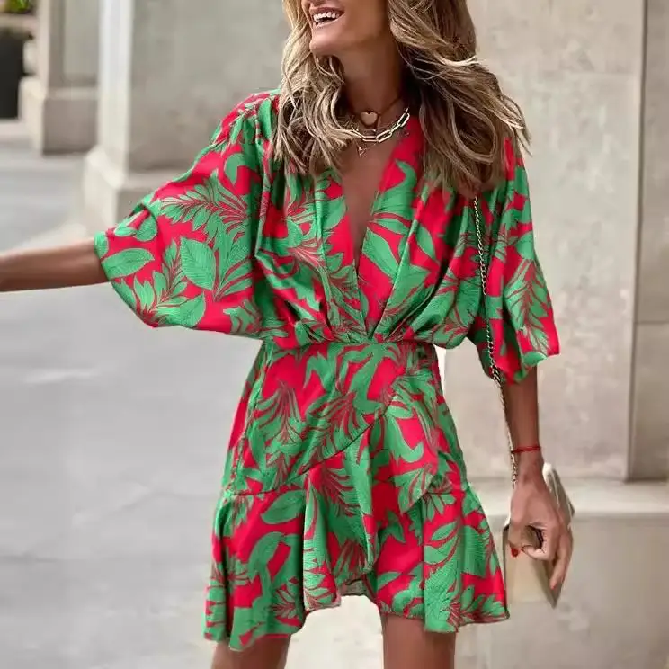 2025 Women's V-Neck Bat Sleeve Dress with Colorful Print - Image 8