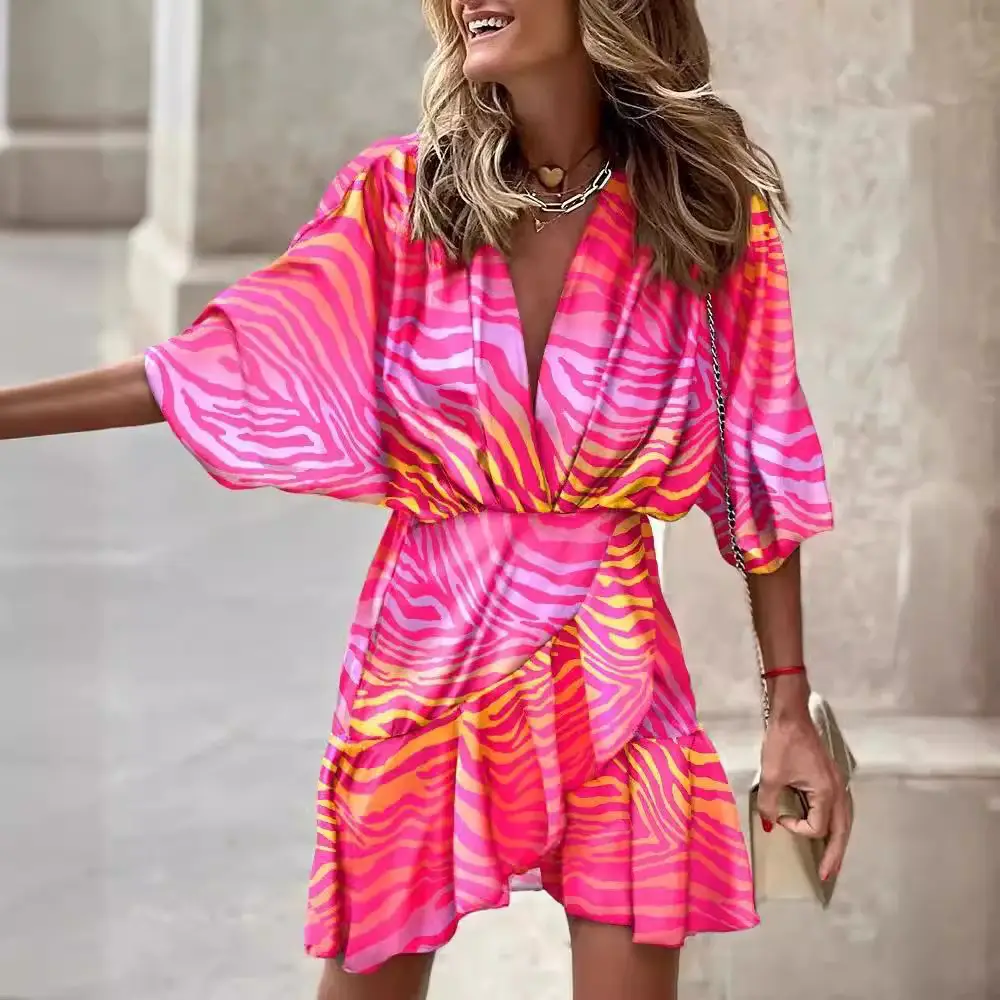 2025 Women's V-Neck Bat Sleeve Dress with Colorful Print - Image 9