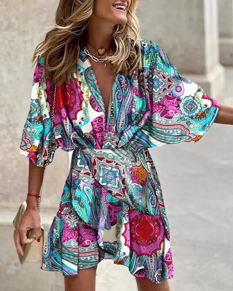 2025 Women's V-Neck Bat Sleeve Dress with Colorful Print — feature 18