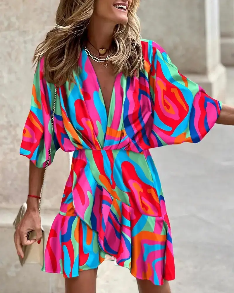 2025 Women's V-Neck Bat Sleeve Dress with Colorful Print — feature 7
