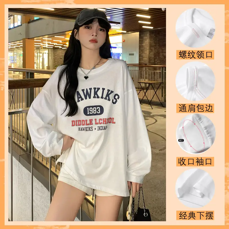 Women Cotton Neck Long Sleeve T-Shirt White Printed 2024 - Image 2