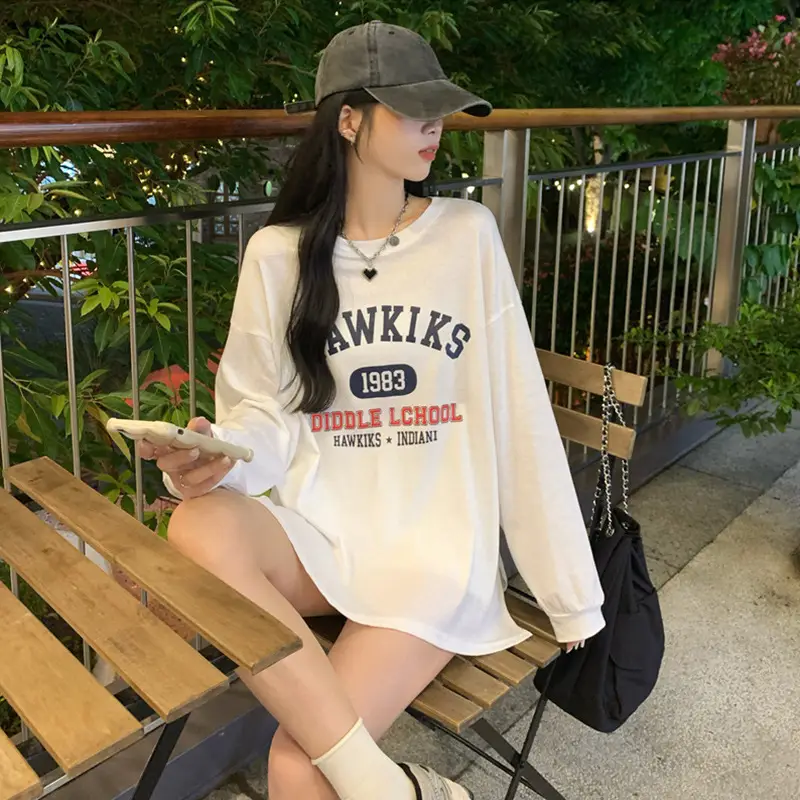 Women Cotton Neck Long Sleeve T-Shirt White Printed 2024 - Image 5