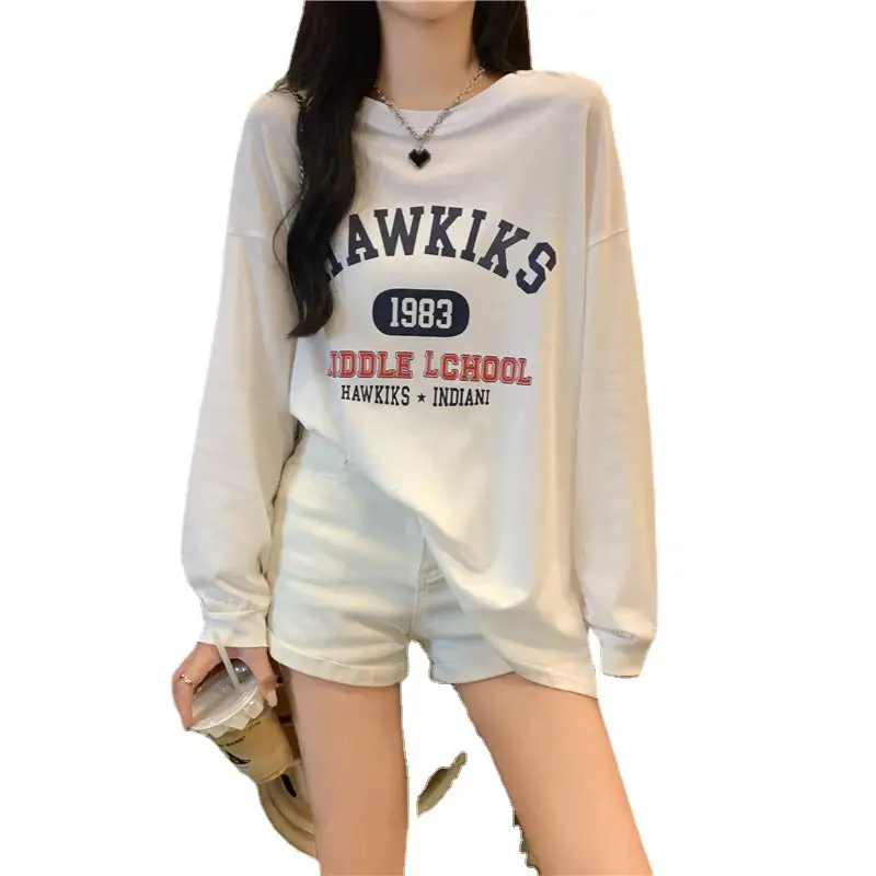 Women Cotton Neck Long Sleeve T-Shirt White Printed 2024 - Image 6