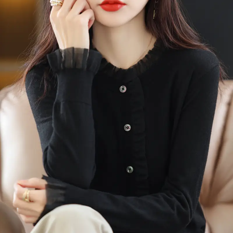 Women's Black Knitted Cardigan Top with Button Front - Image 2