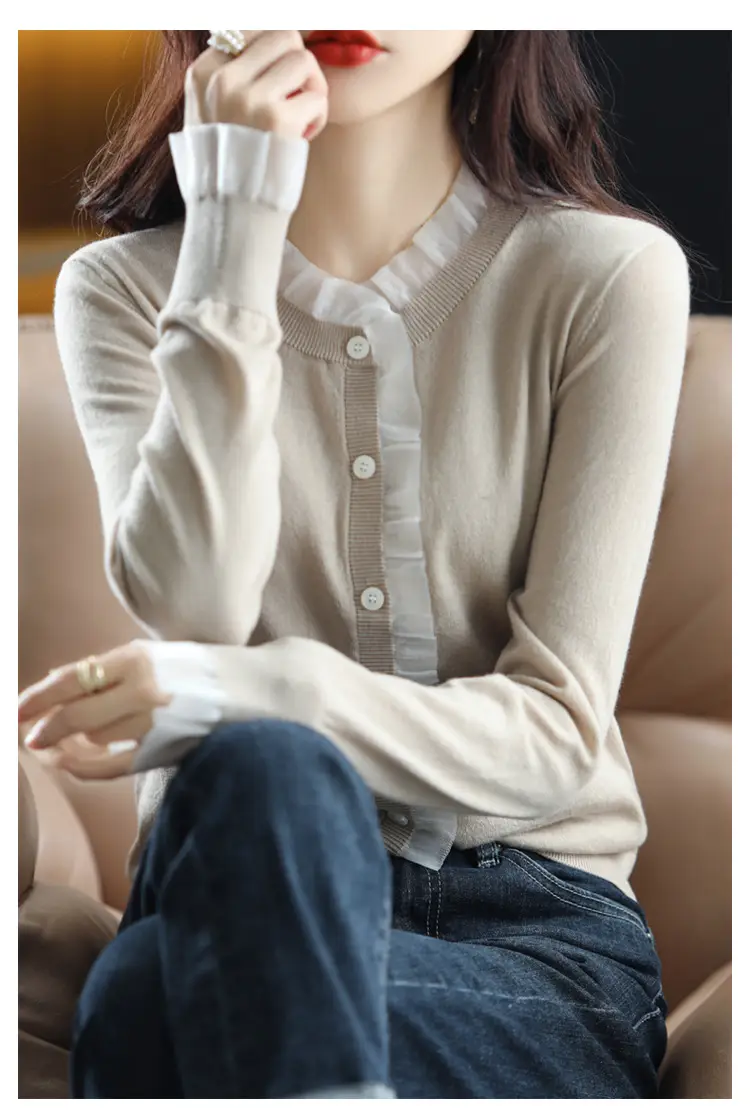 Women's Black Knitted Cardigan Top with Button Front — feature 2