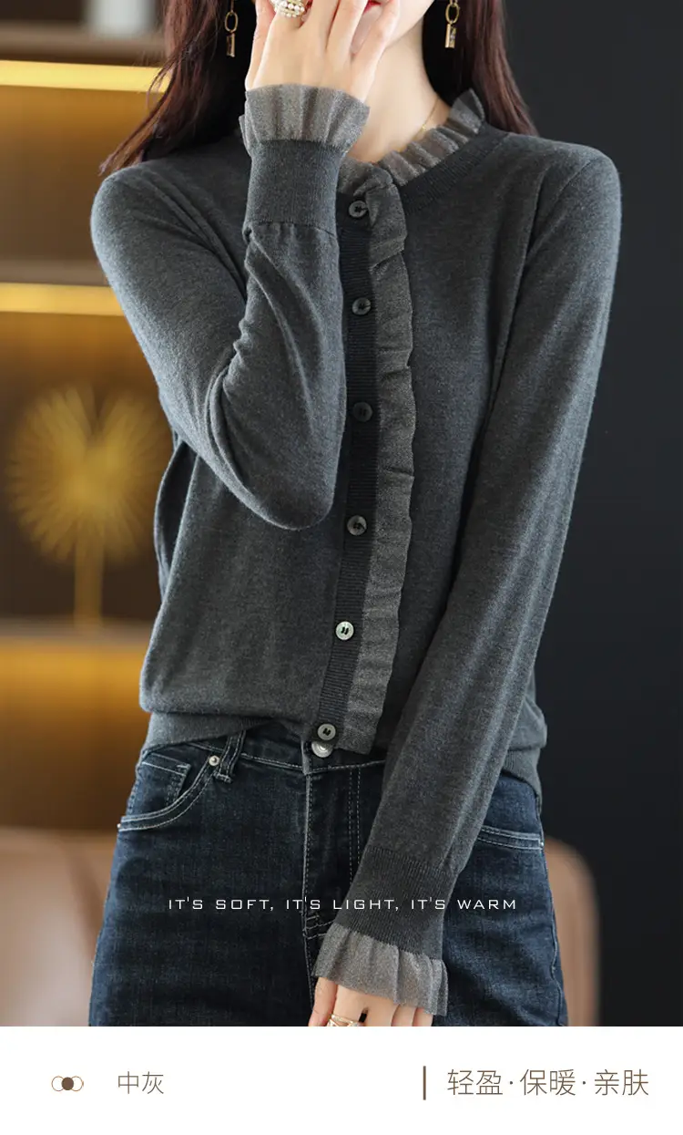 Women's Black Knitted Cardigan Top with Button Front — feature 3
