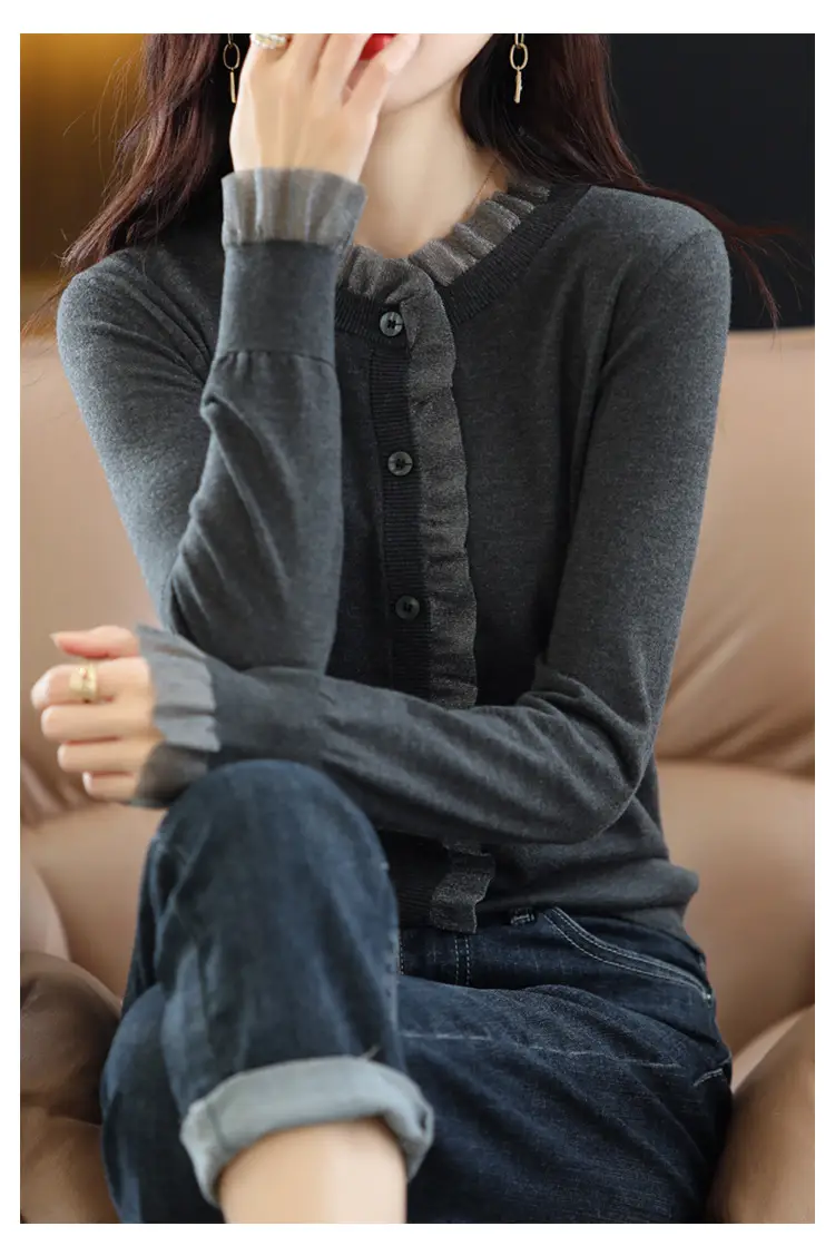 Women's Black Knitted Cardigan Top with Button Front — feature 4