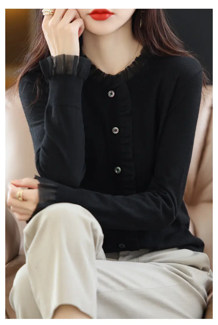 Women's Black Knitted Cardigan Top with Button Front — feature 6
