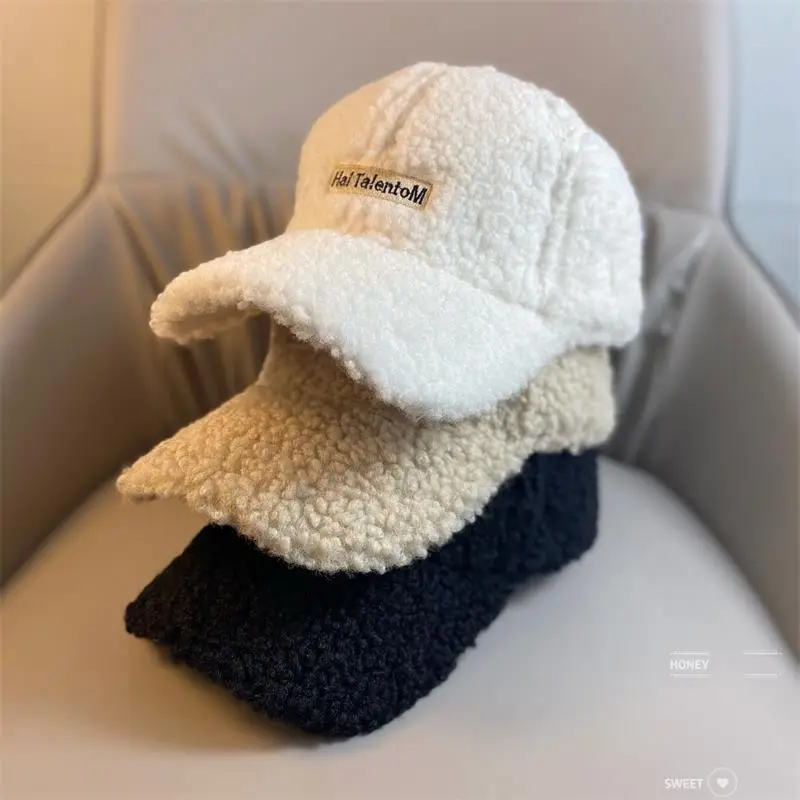 Lamb Wool Women's Winter Hat Thick Plush Letter Cap — feature 1