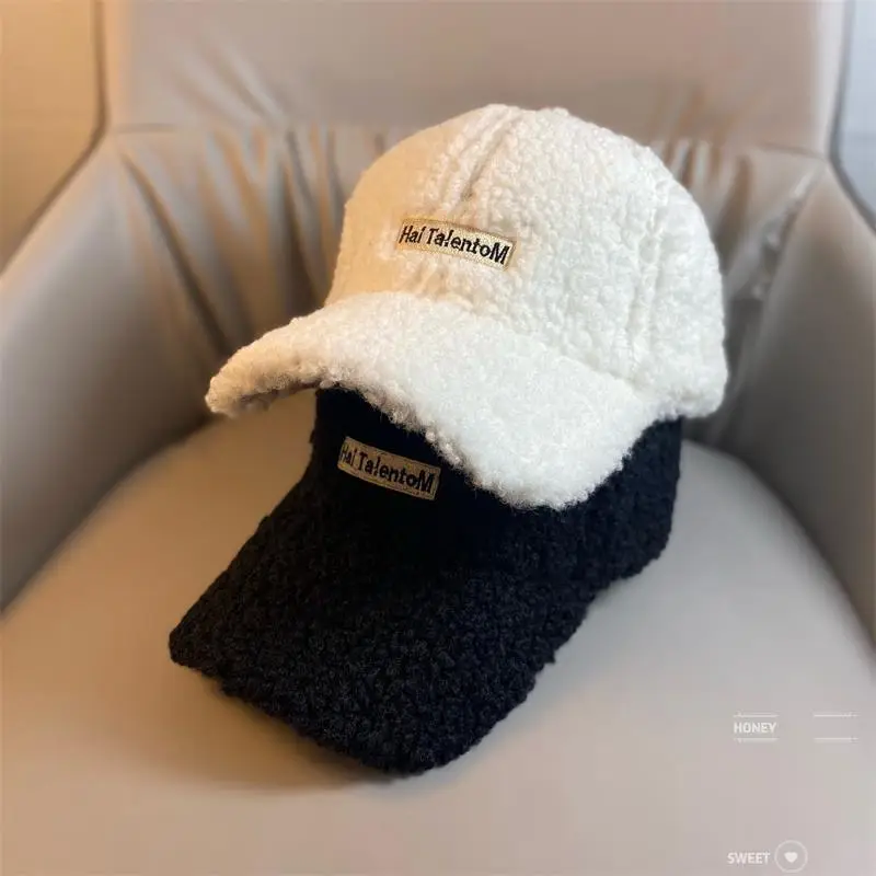 Lamb Wool Women's Winter Hat Thick Plush Letter Cap — feature 2