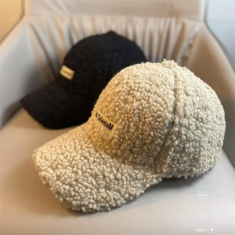 Lamb Wool Women's Winter Hat Thick Plush Letter Cap — feature 3