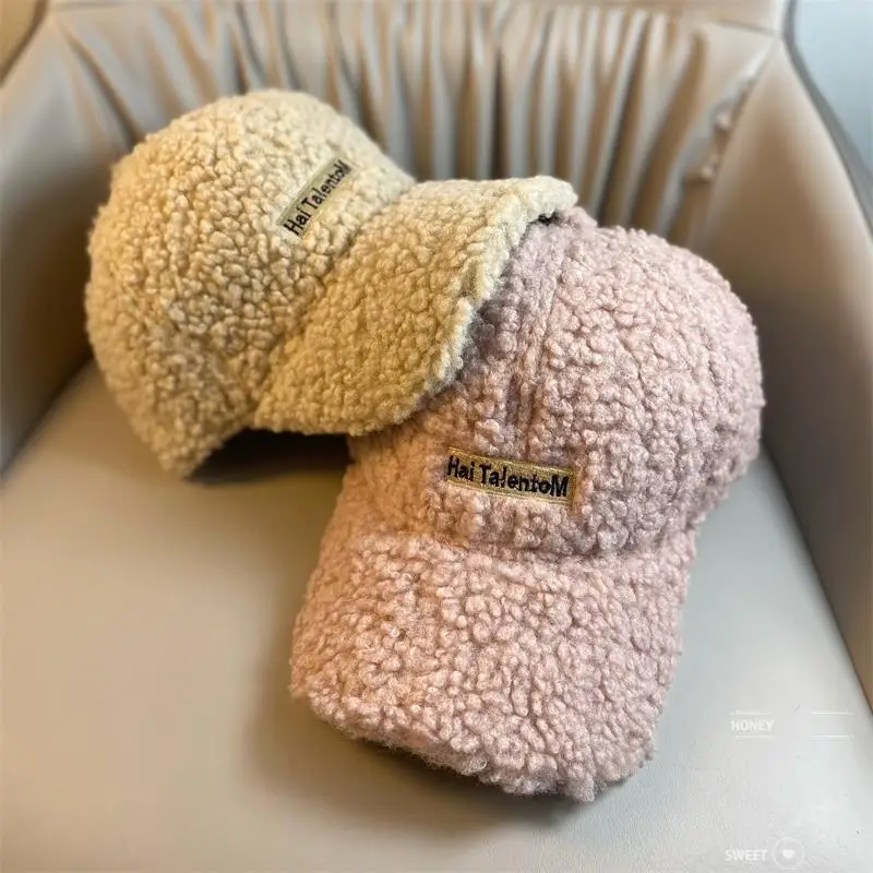 Lamb Wool Women's Winter Hat Thick Plush Letter Cap — feature 4