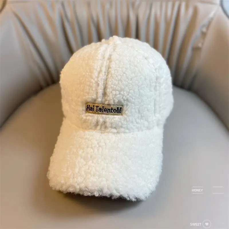Lamb Wool Women's Winter Hat Thick Plush Letter Cap — feature 5