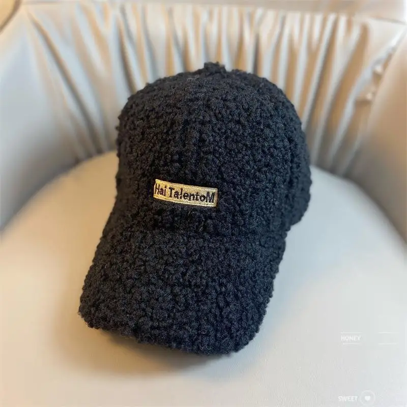 Lamb Wool Women's Winter Hat Thick Plush Letter Cap — feature 6