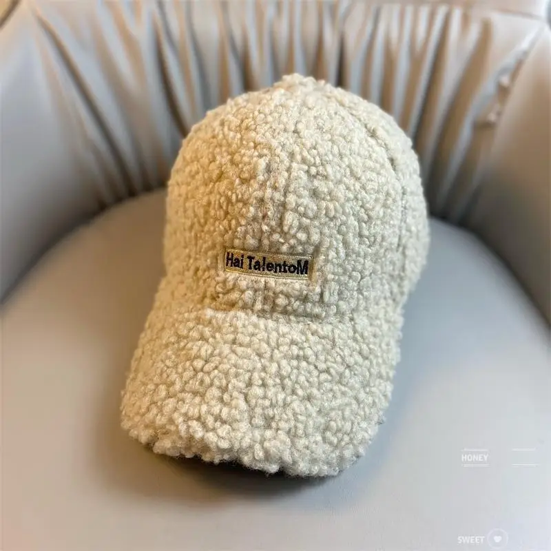 Lamb Wool Women's Winter Hat Thick Plush Letter Cap — feature 9