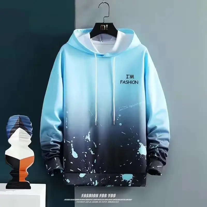 Men Tie-Dyed Gradient Hoodie White Blue - Image 8