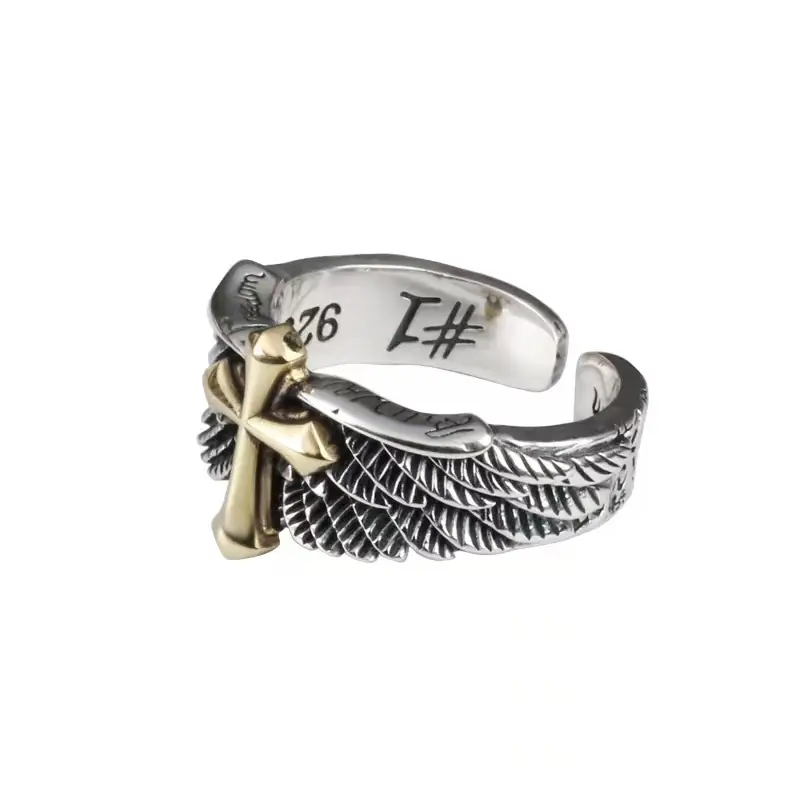 Retro Wings Cross Ring for Men Women Open Gold Silver - Image 5