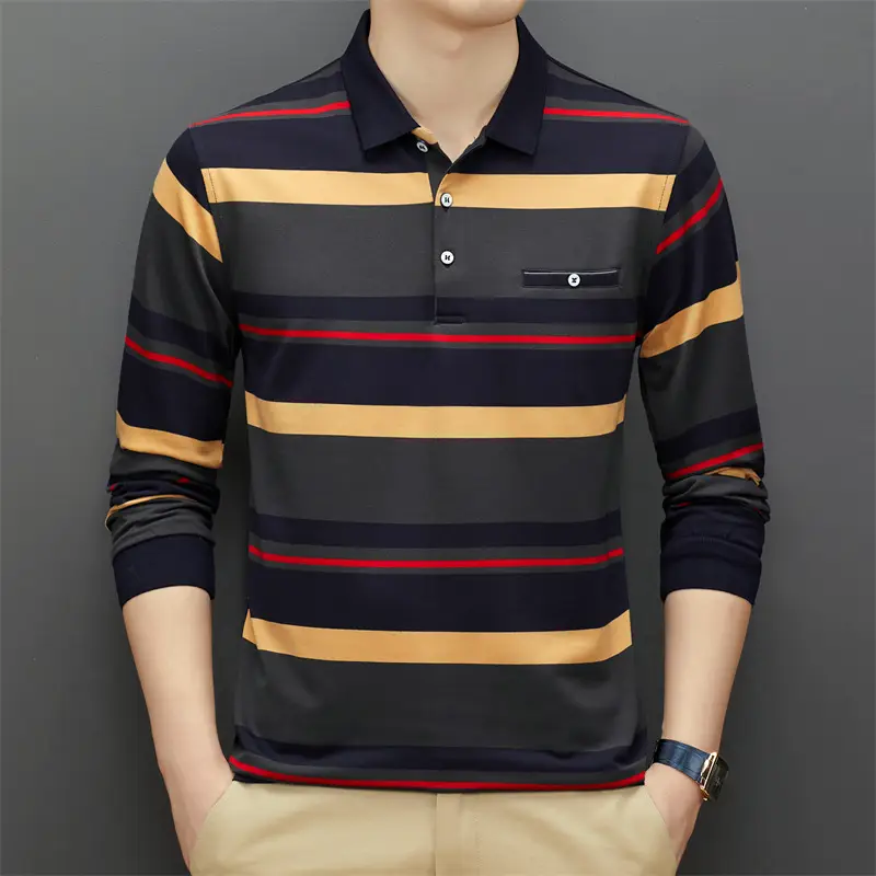 Men Striped Polo Shirt Navy Green Beige Red - Image 2