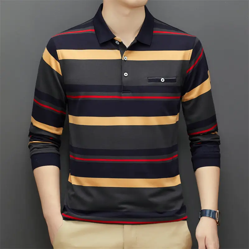 Men Striped Polo Shirt Navy Green Beige Red - Image 4