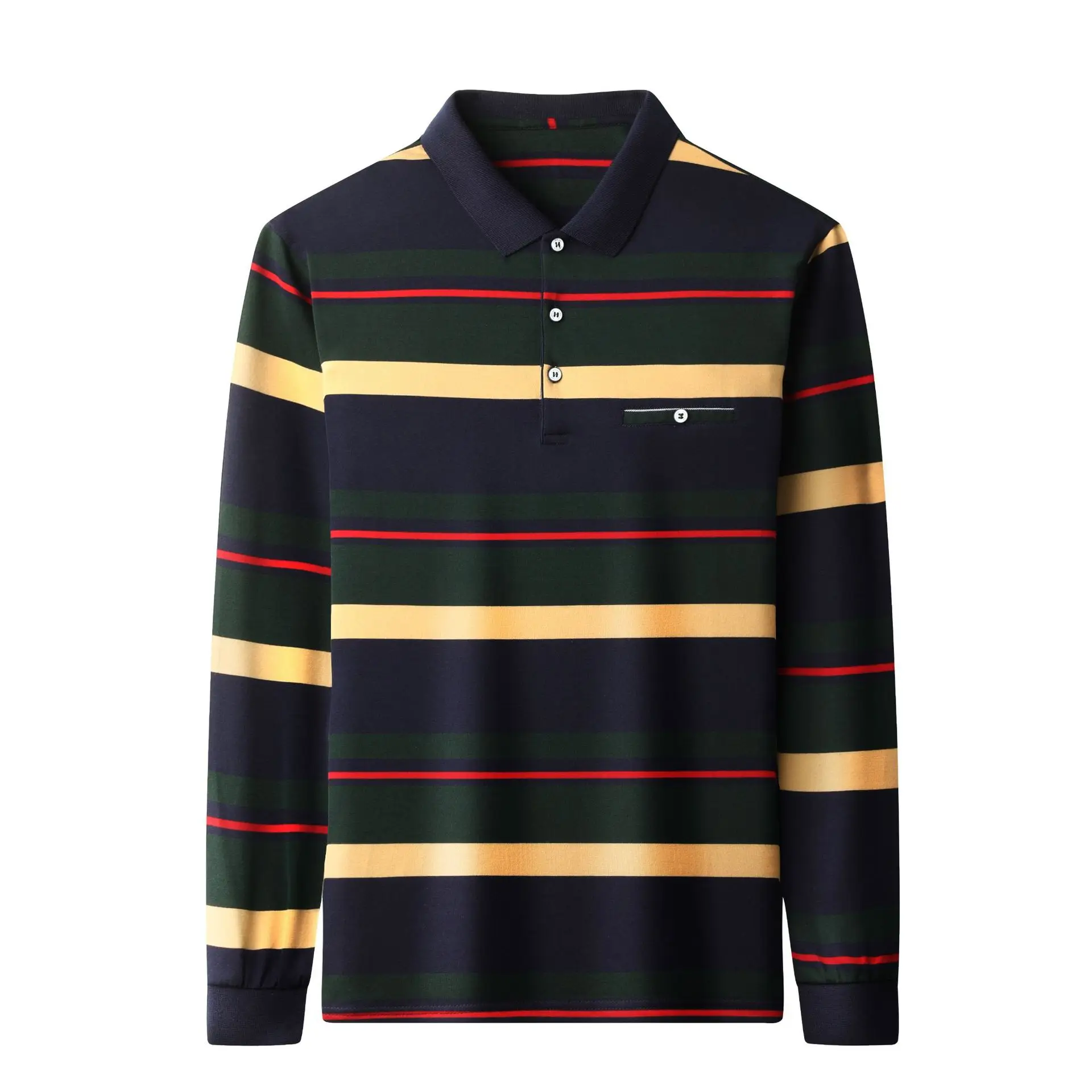Men Striped Polo Shirt Navy Green Beige Red - Image 5