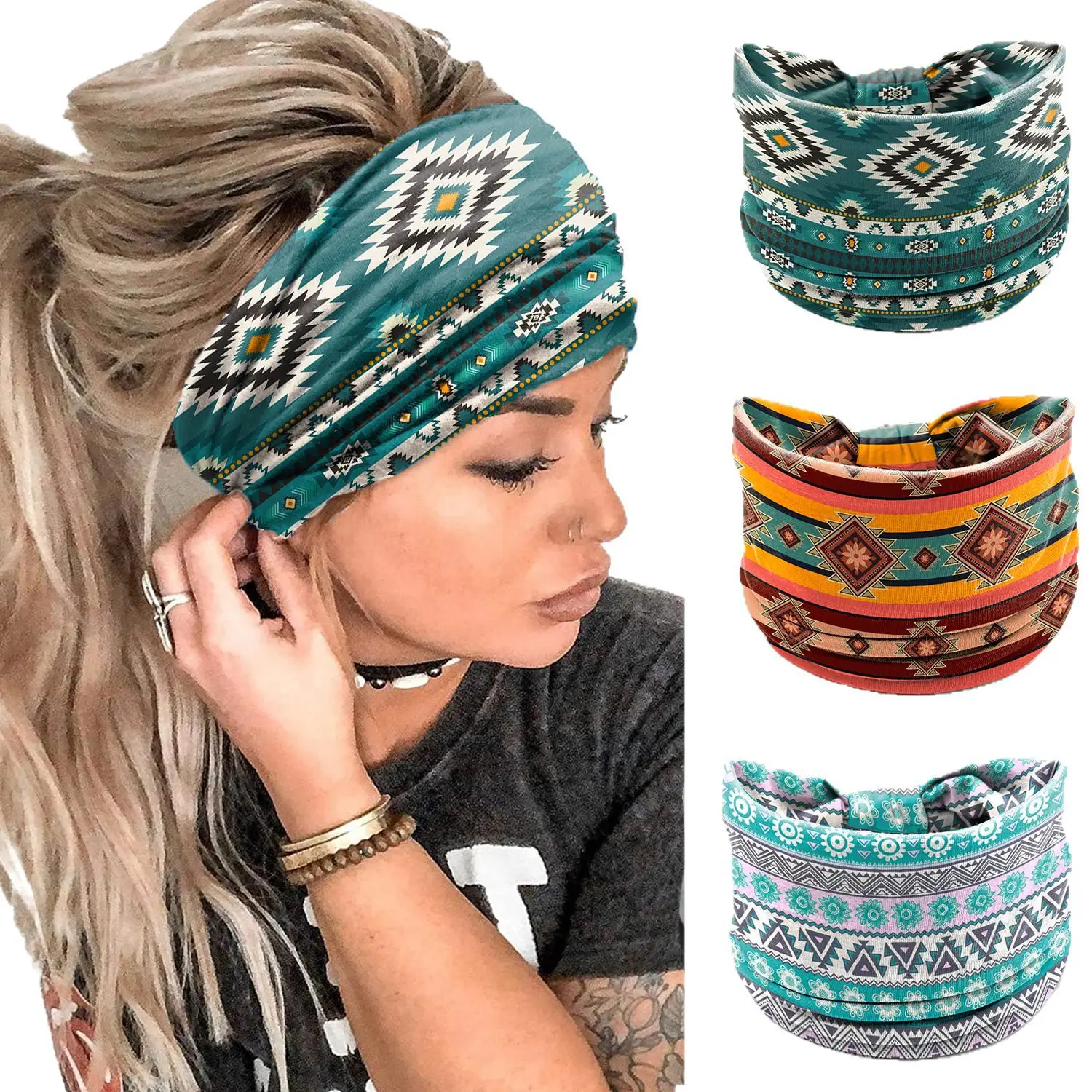 European American Women's African Print Hair Band Wide Edge Elastic Knot Sports Yoga Headband - Image 153