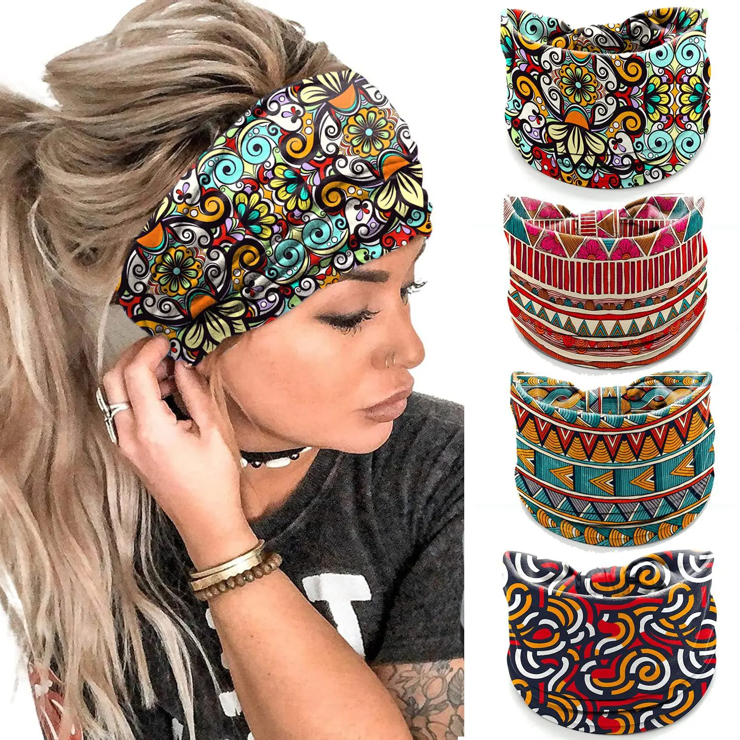European American Women's African Print Hair Band Wide Edge Elastic Knot Sports Yoga Headband — feature 11