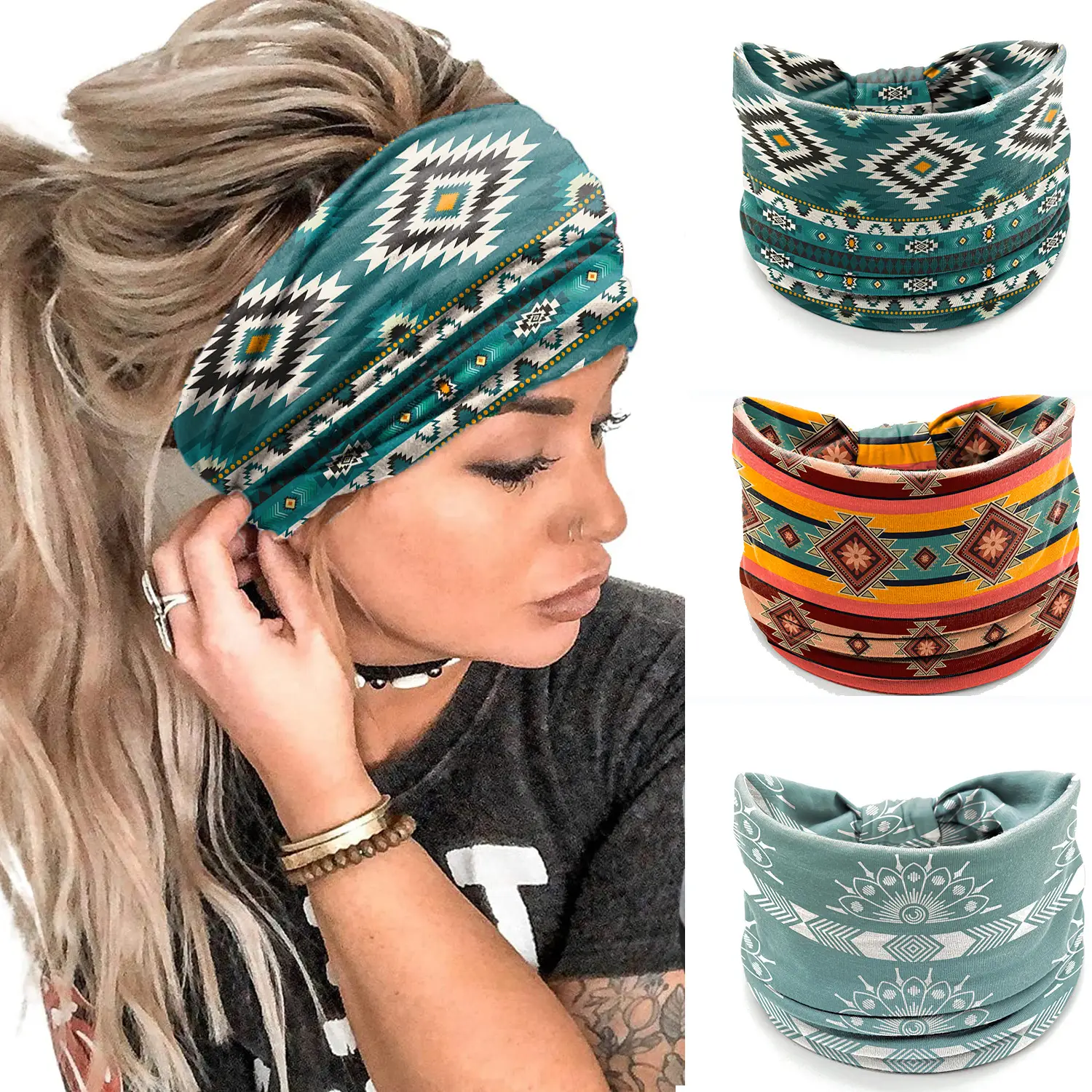 European American Women's African Print Hair Band Wide Edge Elastic Knot Sports Yoga Headband — feature 15