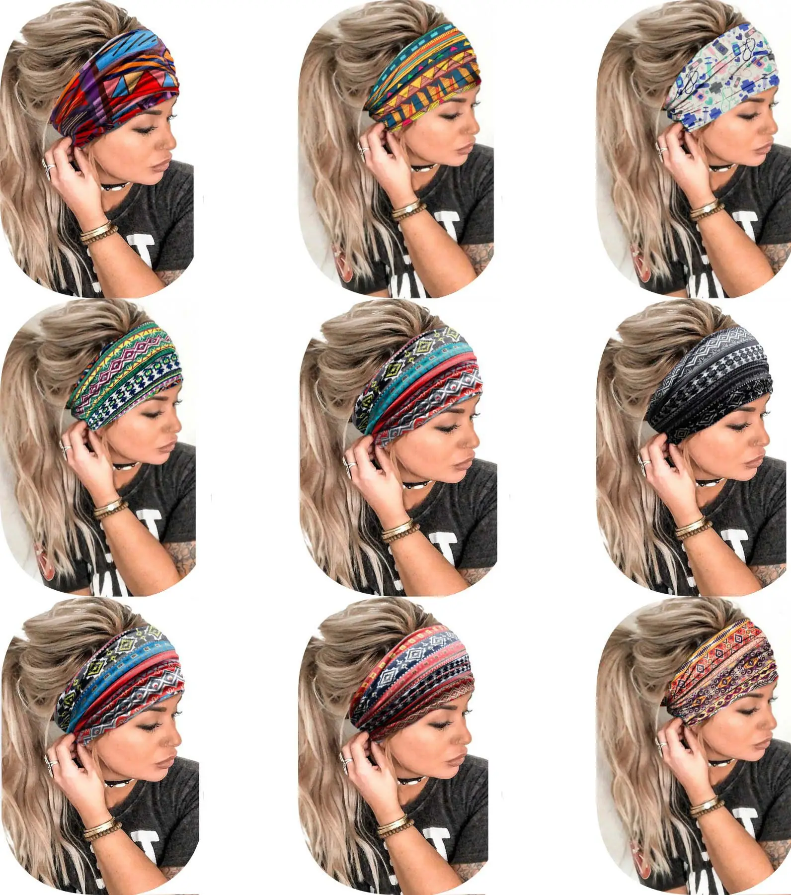 European American Women's African Print Hair Band Wide Edge Elastic Knot Sports Yoga Headband — feature 37
