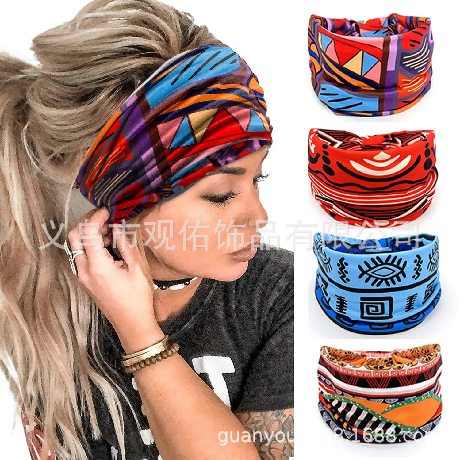 European American Women's African Print Hair Band Wide Edge Elastic Knot Sports Yoga Headband — feature 7