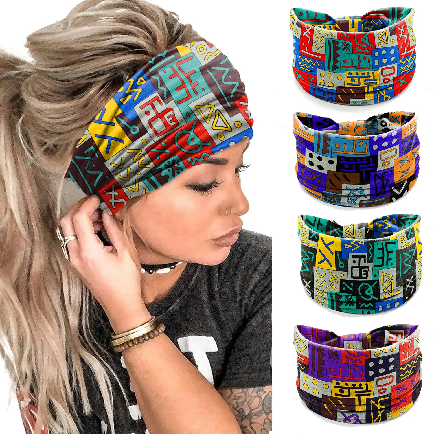 European American Women's African Print Hair Band Wide Edge Elastic Knot Sports Yoga Headband — feature 8