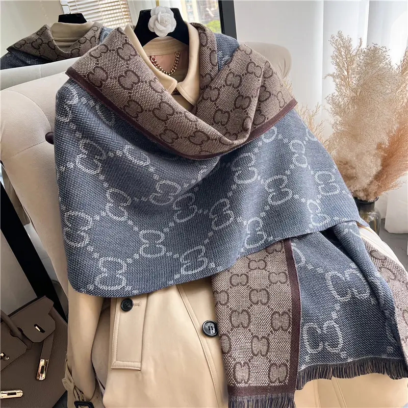 Women's European Style Letter Pattern Cashmere Scarf Grey - Image 3